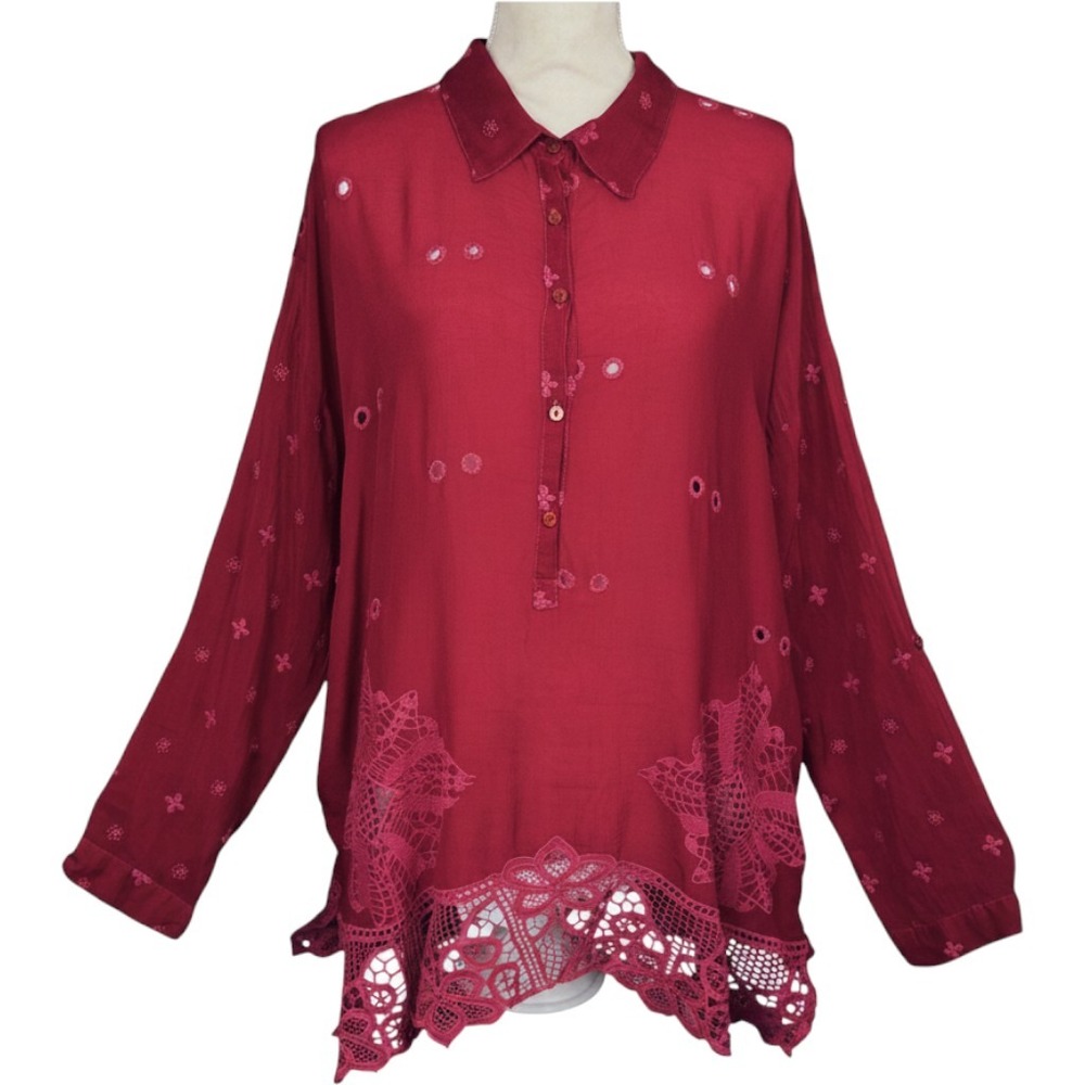 Johnny Was Sophia Red Cupra Rayon Embroidered Eyelet Lace Tunic Blouse Shirt L